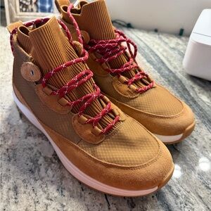 Brown High-Top Sneakers with Red Laces